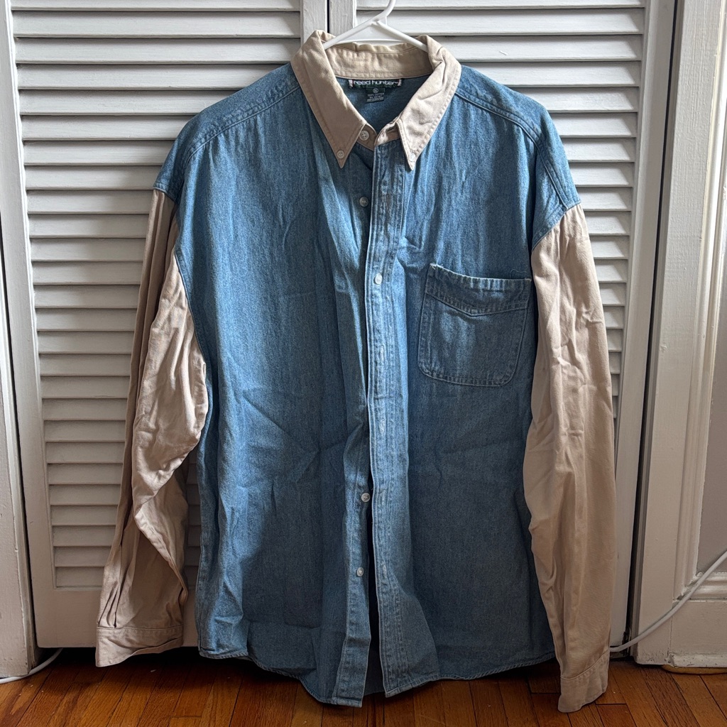 Vintage Two-Tone Denim And Beige Button-Up Shirt